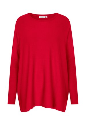 Rød langærmet bluse med afslappet pasform, rund halsudskæring, ribbede manchetter og en let buet nederste kant. Lavet af blødt, strækbart materiale.