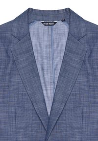 Blazer blu con tessuto textured, rever a punte e fodera interna liscia. L'etichetta riporta "ANTONY MORATO." Design a taglio sartoriale.