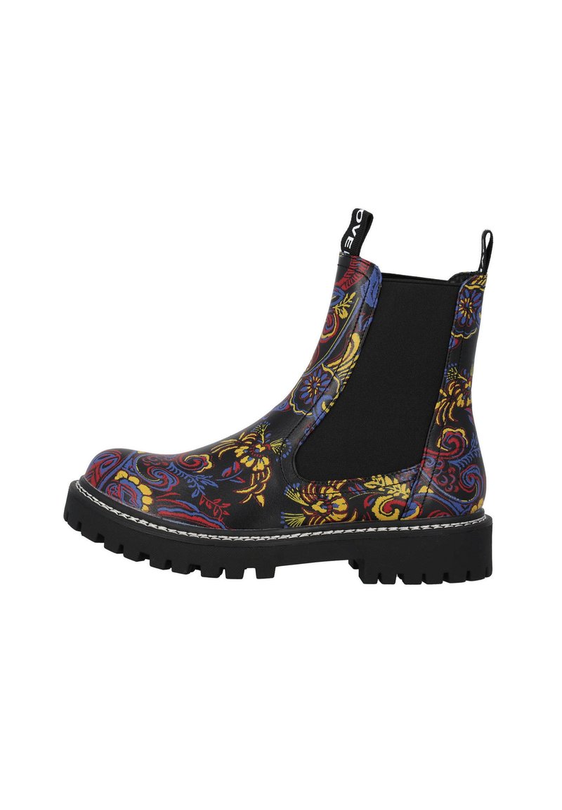 Svarta Chelsea-stövlar med färgglada blommönster och swirl-mönster, elastiska sidopaneler, texturerad gummisula och kontrasterande sömdetaljer.