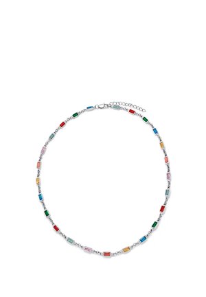 Sølvkjede med jevnt fordelte rektangulære edelstener i rødt, blått, grønt, rosa, gult og aqua, med hummerlås og forlengelseskjede.