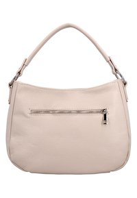 Beež tekstuuriga nahast käekott, millel on lühike kõver käepide ja horisontaalne lukuga tasku esiküljel.