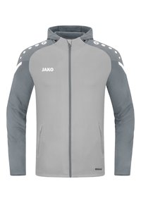 Lichtgrijze jas met een voorrits, capuchon en donkergrijze mouwen. Bevat een wit logo, schouderaccenten en zijzakken.
