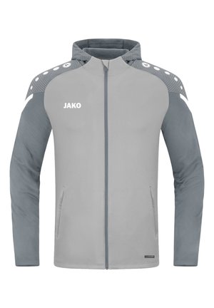 Veste gris clair avec une fermeture éclair à l'avant, capuche et manches gris plus foncé. Comprend un logo blanc, des accents aux épaules et des poches latérales.