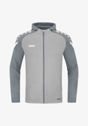 Hellgraue Jacke mit einem Frontreißverschluss, Kapuze und dunkleren grauen Ärmeln. Merkmale sind ein weißes Logo, Schulterakzente und Seitentaschen.