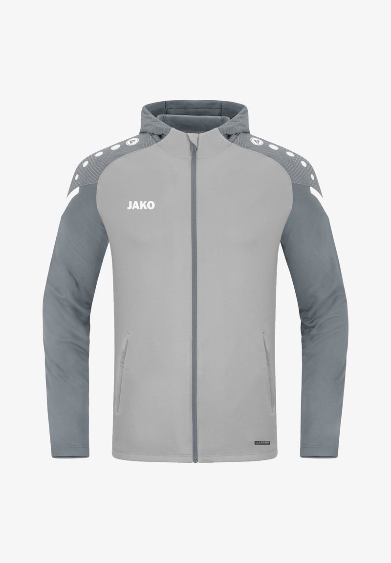 Light gray jacket with a front zipper, hood, and darker gray sleeves. Features white logo, shoulder accents, and side pockets.