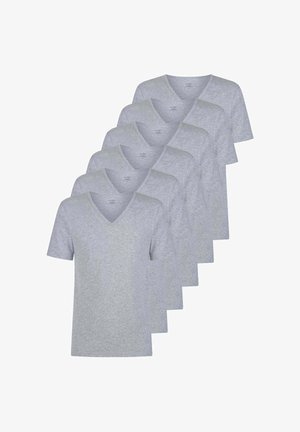 Set di otto t-shirt grigie in cotone con maniche corte e scollo a V, caratterizzate da una texture liscia e un branding minimale.