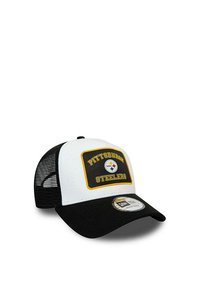 Black and white baseball cap with mesh sides, featuring a yellow-bordered patch that reads "Pittsburgh Steelers" and a logo at the center.