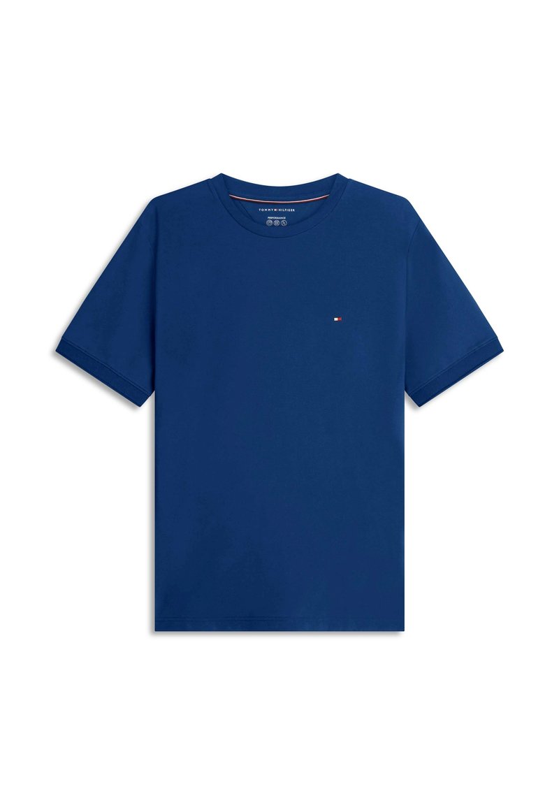 T-shirt bleu marine à manches courtes et col rond avec petit logo Tommy Hilfiger sur la poitrine gauche.