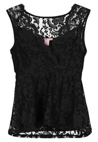 Top senza maniche nero in pizzo con motivo floreale, scollo rotondo e vita aderente.