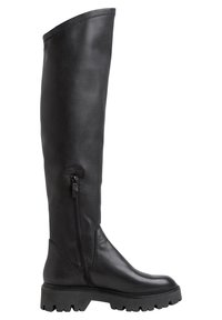 Botas negras hasta la rodilla de cuero texturizado, con un cierre lateral y una suela gruesa y resistente para una mejor tracción y durabilidad.