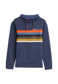 Marineblauwe hoodie van zachte stof. Voorzien van een trekkoordkap, een voorzak en horizontale strepen in oranje, blauw, bruin en wit.