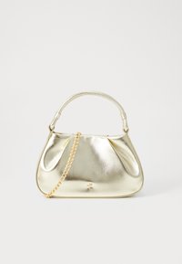 Metallic gold handbag with a rounded shape, smooth texture, and a short handle. Features a gold chain strap and subtle pleats.