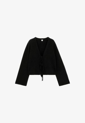 Black knitted cardigan with a deep V-neck, long sleeves, and a drawstring closure at the front. Soft texture and cropped design.