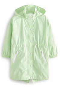Helle grüne Regenjacke mit Kapuze, Druckknöpfen, elastischen Bündchen, Kordelzug in der Taille und weißen Reißverschlusstaschen. Glattes, wasserabweisendes Material.