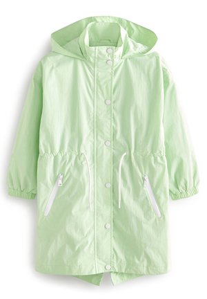 Helle grüne Regenjacke mit Kapuze, Druckknöpfen, elastischen Bündchen, Kordelzug in der Taille und weißen Reißverschlusstaschen. Glattes, wasserabweisendes Material.