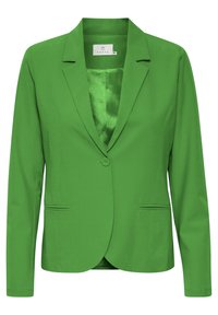 Groene blazer met een gladde textuur, sluiting met één knoop, notched revers, twee voorzakken en een satijnachtige binnenvoering.