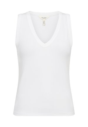 Débardeur sans manches blanc en tissu côtelé, doté d'un décolleté en V profond et d'une silhouette ajustée. Texture lisse et coutures minimales.
