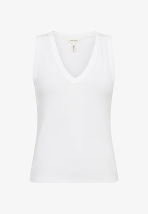 White sleeveless tank top made from ribbed fabric, featuring a deep V-neckline and a fitted silhouette. Smooth texture and minimal seams.
