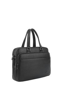 Black leather briefcase with two handles, front zippered pocket, and textured surface, standing upright on a white background.