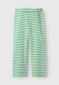Pantalons large à rayures horizontales vertes et blanches avec une taille élastique, présentés sur un fond gris clair.