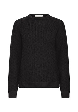 Mustad musta villane pika varrukaga sviiter ümmarguse kaelusega ja tekstuuriga teemantmuster, soonikkoes varrukate ja äärisega.
