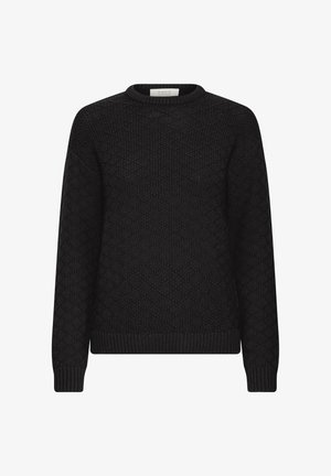 Črna pletena dolga majica s dolgimi rokavi, okroglim izrezom in teksturiranim diamantnim vzorcem, z rebrastimi manšetami in robom.