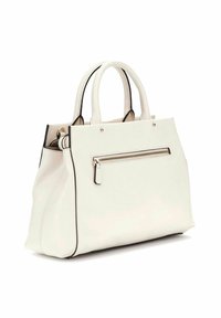 Borsa a tracolla bianca in pelle con dettagli neri, doppio manico superiore e tasca con zip sul retro. Texture liscia e design strutturato.