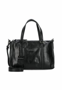 Borsa a tracolla in pelle nera con doppi manici, una tracolla regolabile e un'etichetta del marchio. Texture liscia con una finitura lucida e tasche laterali.