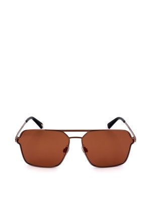 Occhiali da sole rettangolari con lenti marroni sfumate e sottili montature in metallo, caratterizzati da un doppio ponte e astine con estremità nere.