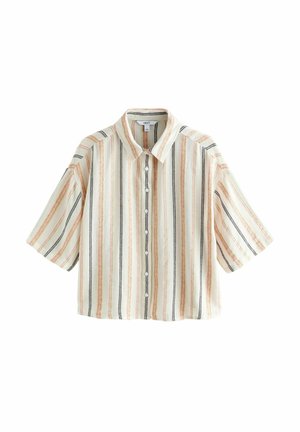 Chemise à manches courtes boutonnée avec des rayures verticales beige, marron et noir sur un fond crème, avec un col classique.