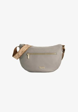 Borsa a tracolla grigia in tessuto con forma curvata, zip dorata e tracolla beige con motivo. Logo "T'CLASSEE" impresso sulla parte anteriore.