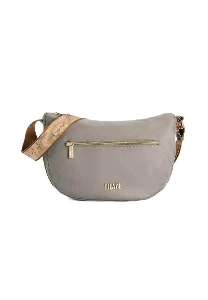 Borsa a tracolla grigia in tessuto con forma curvata, zip dorata e tracolla beige con motivo. Logo "T'CLASSEE" impresso sulla parte anteriore.