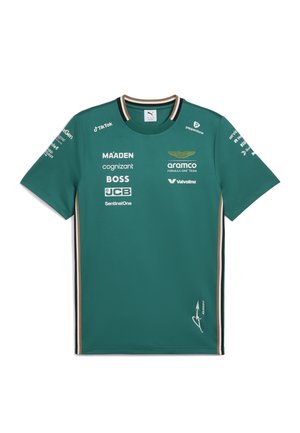 Teal kortærmet t-shirt med rund hals, der har logo-tryk og sponsortekst. Inkluderer kontraststriber på ærmerne og kanten.