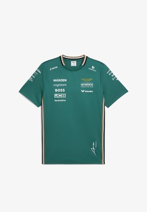 Teal kortærmet t-shirt med rund hals, der har logo-tryk og sponsortekst. Inkluderer kontraststriber på ærmerne og kanten.