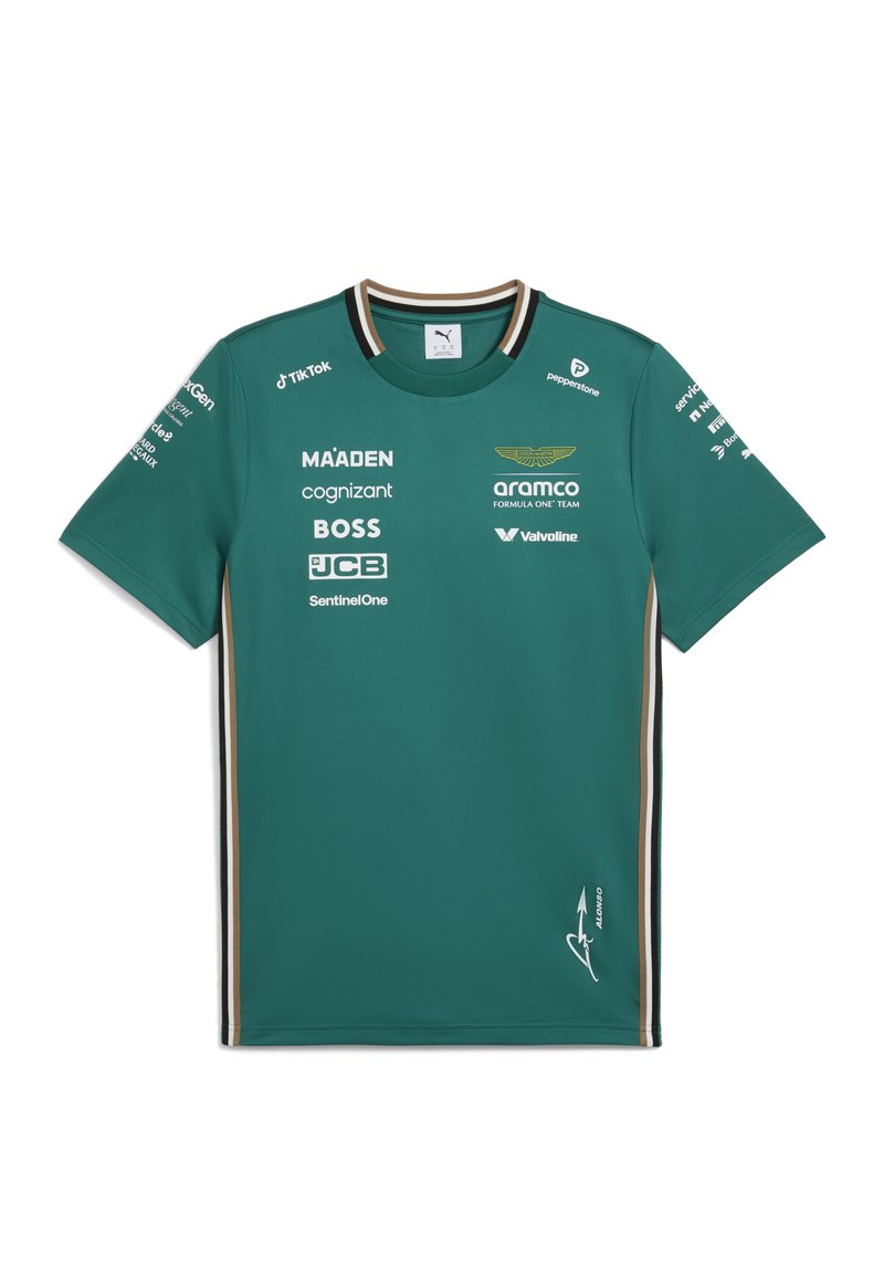 Teal kortærmet t-shirt med rund hals, der har logo-tryk og sponsortekst. Inkluderer kontraststriber på ærmerne og kanten.