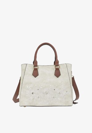 Beige handbag with brown handles and strap, featuring embossed floral design and round cut-out details on front panel.