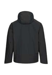 Black waterproof hooded jacket shown from the back with long sleeves and a solid panel design on a white background.