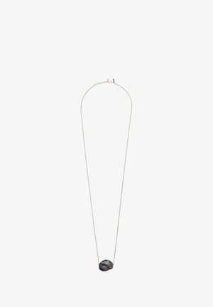 Silver chain necklace featuring a textured, polished dark stone pendant with an iridescent sheen and subtle horizontal stripes.