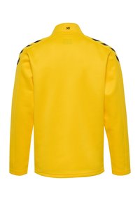 Gul långärmad jacka med hög krage, svarta accentlinjer längs axlarna och en slät textur.