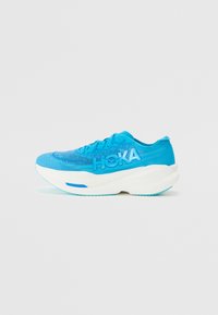 Light blue running shoe with breathable mesh upper, cushioned white midsole, and distinctive HOKA branding on the side.
