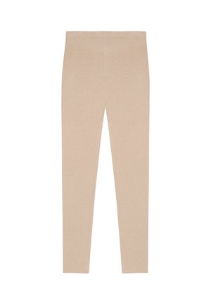 Leggings beige de tejido suave, con una textura lisa, un diseño ajustado y una cinturilla elástica, sin costuras ni patrones visibles.