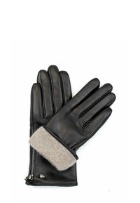 Black leather gloves with a gray knitted cuff, featuring a side zipper and a decorative metal accent near the wrist. Smooth texture overall.