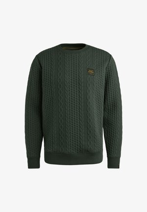 Green knit sweater featuring textured cable patterns, ribbed cuffs and hem, and a small square logo patch on the chest.