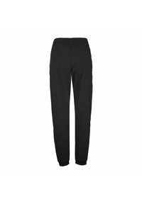 Pantalones de chándal negros, ajustados y con cintura elástica y puños en los tobillos, mostrados desde la parte posterior sobre un fondo blanco liso.