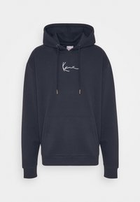 Navy blue hoodie made of soft fabric, featuring a kangaroo pocket, drawstring hood, and white logo embroidered on the chest.