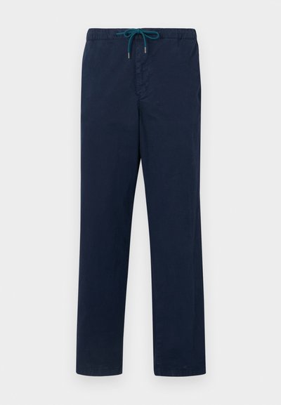 Pantaloni navy blue cu talie elastică și șnur teal, având un design cu picior drept și o textură netedă.