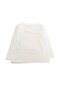 Camicia bianca a maniche lunghe con scollo rotondo e taglio dritto. Tessuto di cotone morbido con texture minima e senza disegni o motivi visibili.