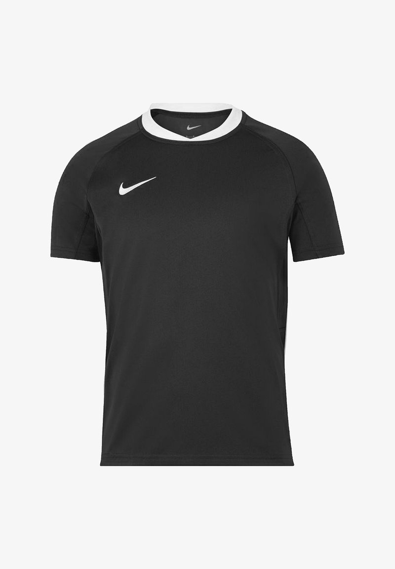 T-shirt sportivo nero Nike con maniche corte, colletto rotondo bianco e un logo discreto sul petto. Tessuto morbido e leggero.
