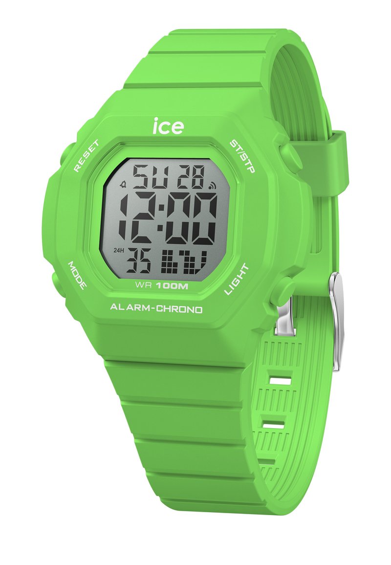 Orologio digitale verde con cassa rettangolare, cinturino in silicone e più pulsanti. Le caratteristiche includono un display della data e resistenza all'acqua fino a 100 metri.
