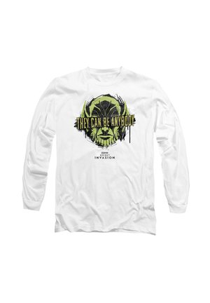 White long-sleeve shirt with a green alien face, text "They can be anybody," and "Secret Invasion" logo below the graphic.